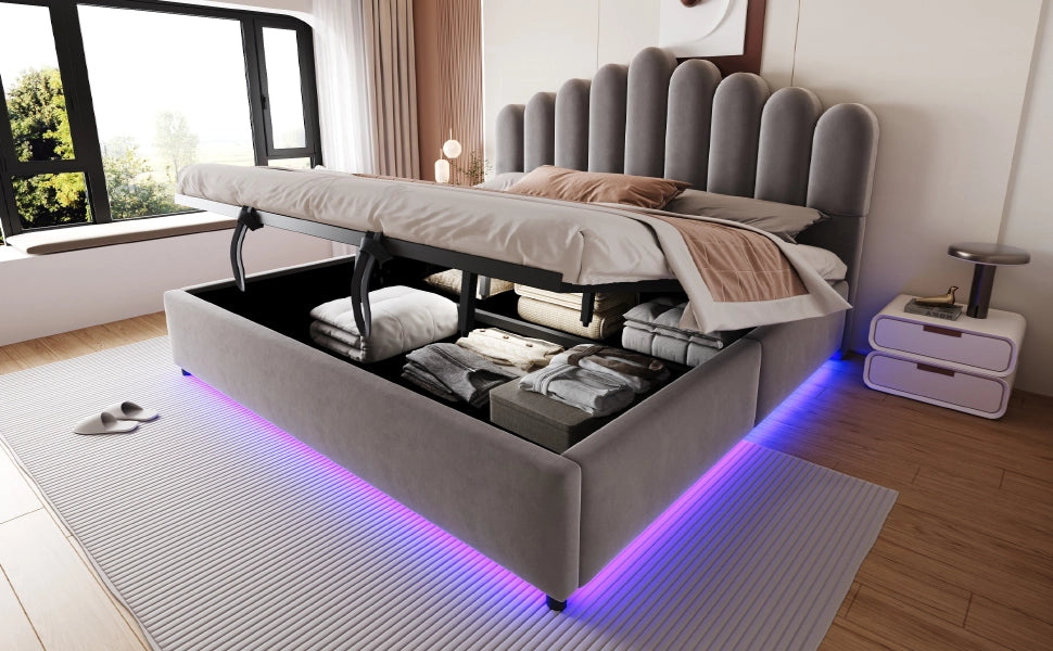 Letto imbottito 180x200 cm con contenitore idraulico, testiera imbottita, luce LED e struttura a doghe, colore grigio