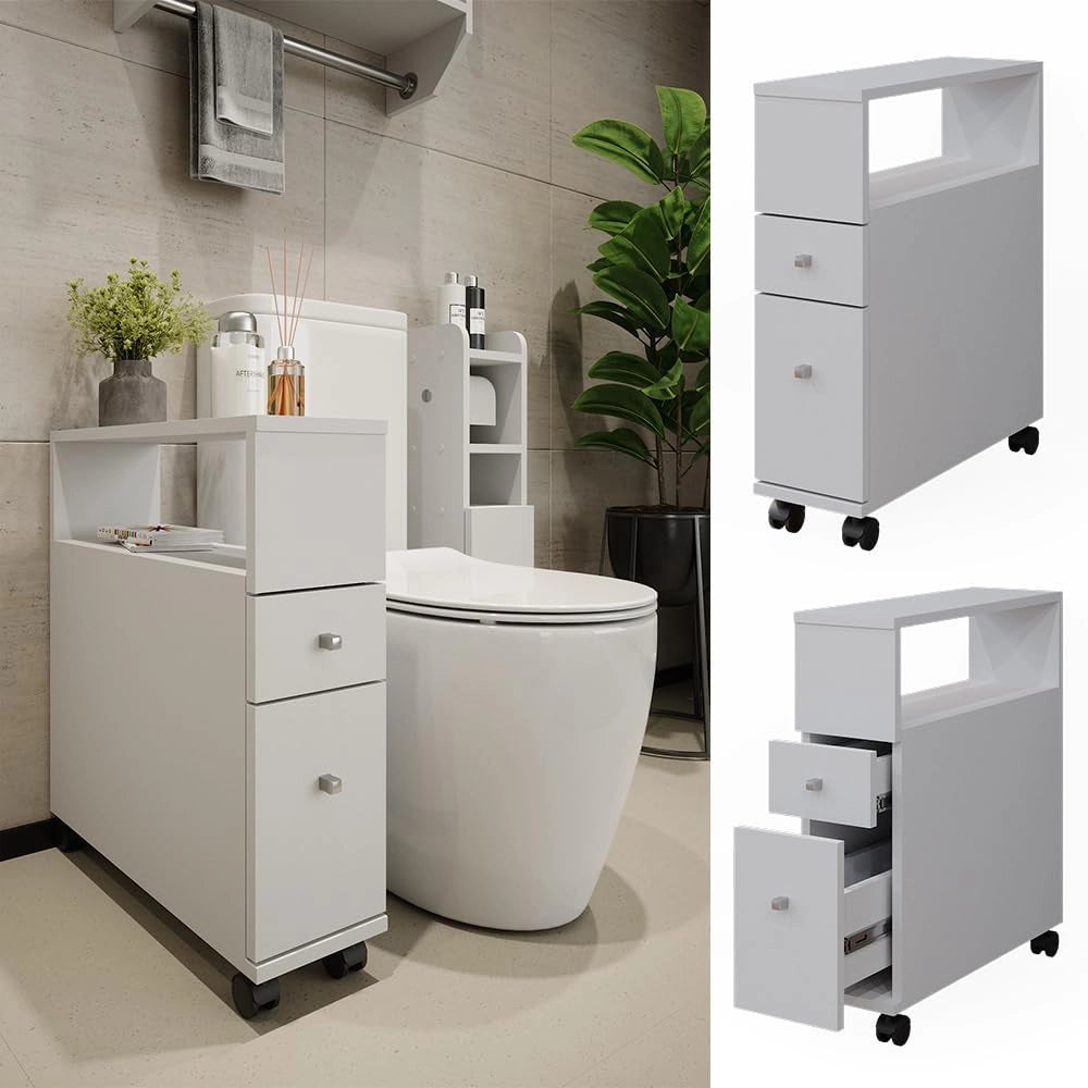 Cassettiera da bagno Fynn, Bianco, 17.6 x 61.6 cm con 2 cassetti, da parete per la conservazione di accessori da bagno