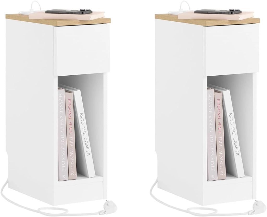 Set da 2 comodini camera da letto stretti con ricarica USB & Type-C, tavolino da letto con incavo battiscopa, mobile salvaspazio per piccoli ambienti, bianco 20x35x60 cm FBT111-E-WNx2