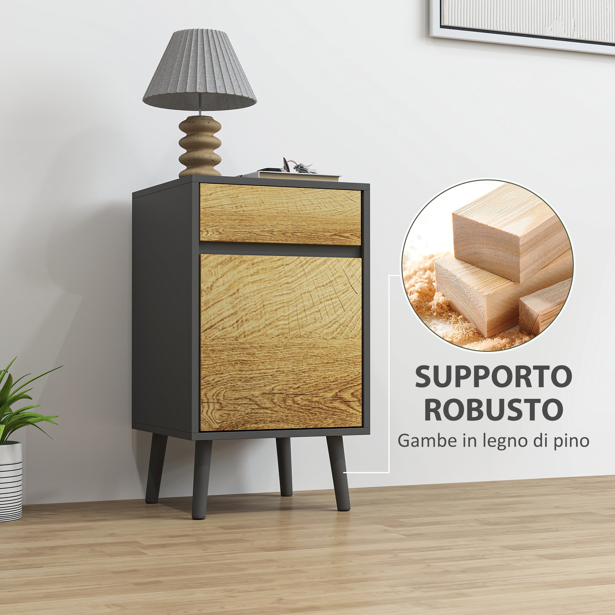 Comodino Moderno 40x39x69 cm con Cassetto e Armadietto in Truciolare Senza Maniglie Grigio Scuro e Legno