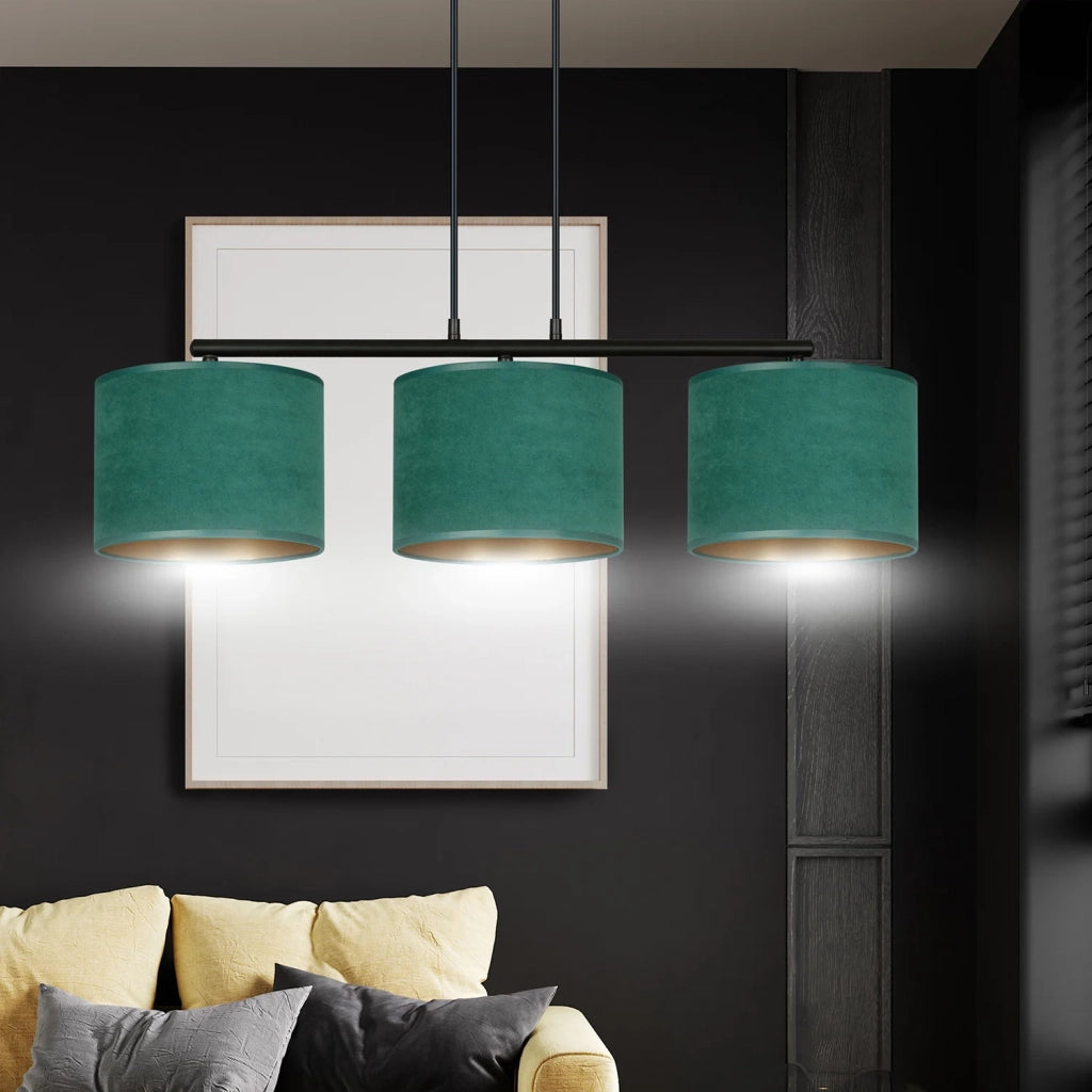 Lampadario 3 Luci Ganesha In Acciaio Nero E Paralumi In Tessuto Verde