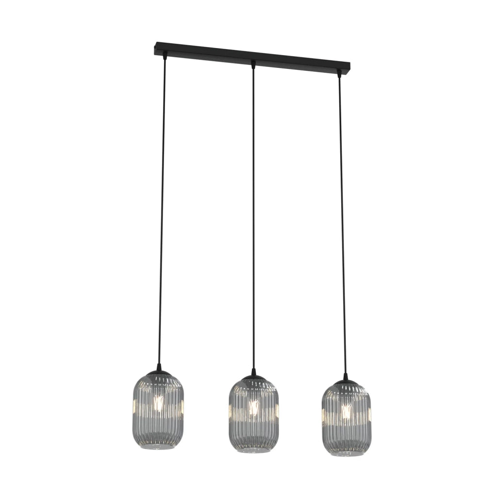 Lampadario 3 Luci Selene In Acciaio Nero E Vetri Plissettati Fumè