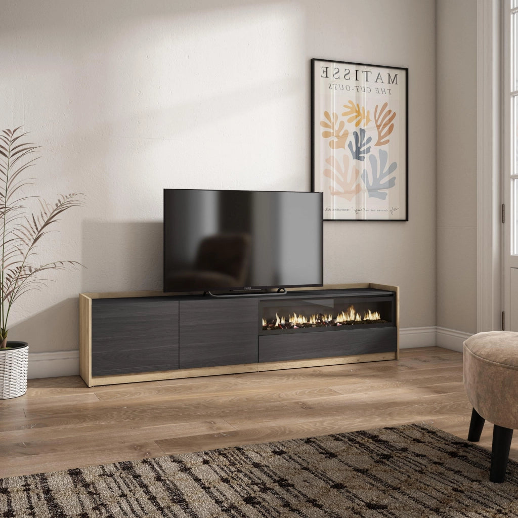 Mobile TV Soggiorno, 207x50x37 cm, Per TV fino a 80", Camino elettrico, Nero e rovere