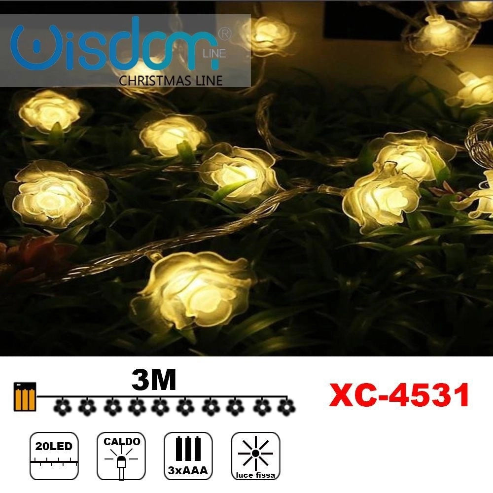 Trade Shop - Catena Luminosa Con Rose 20 Led A Batteria Luce Calda Fissa Decorazioni Xc-4531 -
