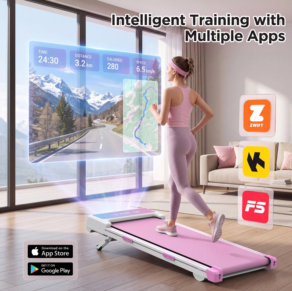 Tapis roulant ULEVR 1-8 km/h con inclinazione automatica 15%, Bluetooth, telecomando e display LED, rosa e bianco