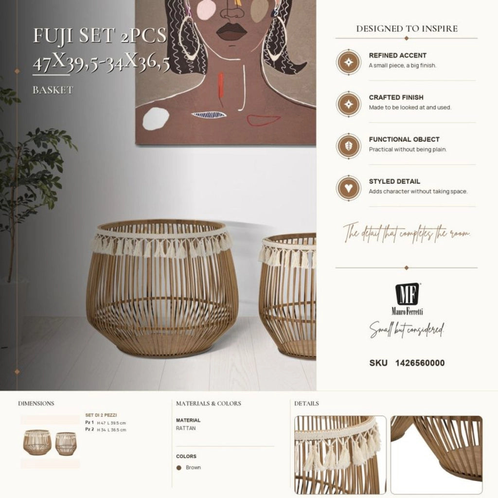 Cestoni Fuji in rattan naturale — coppia Ø 47x39,5 e Ø 34x36,5 cm