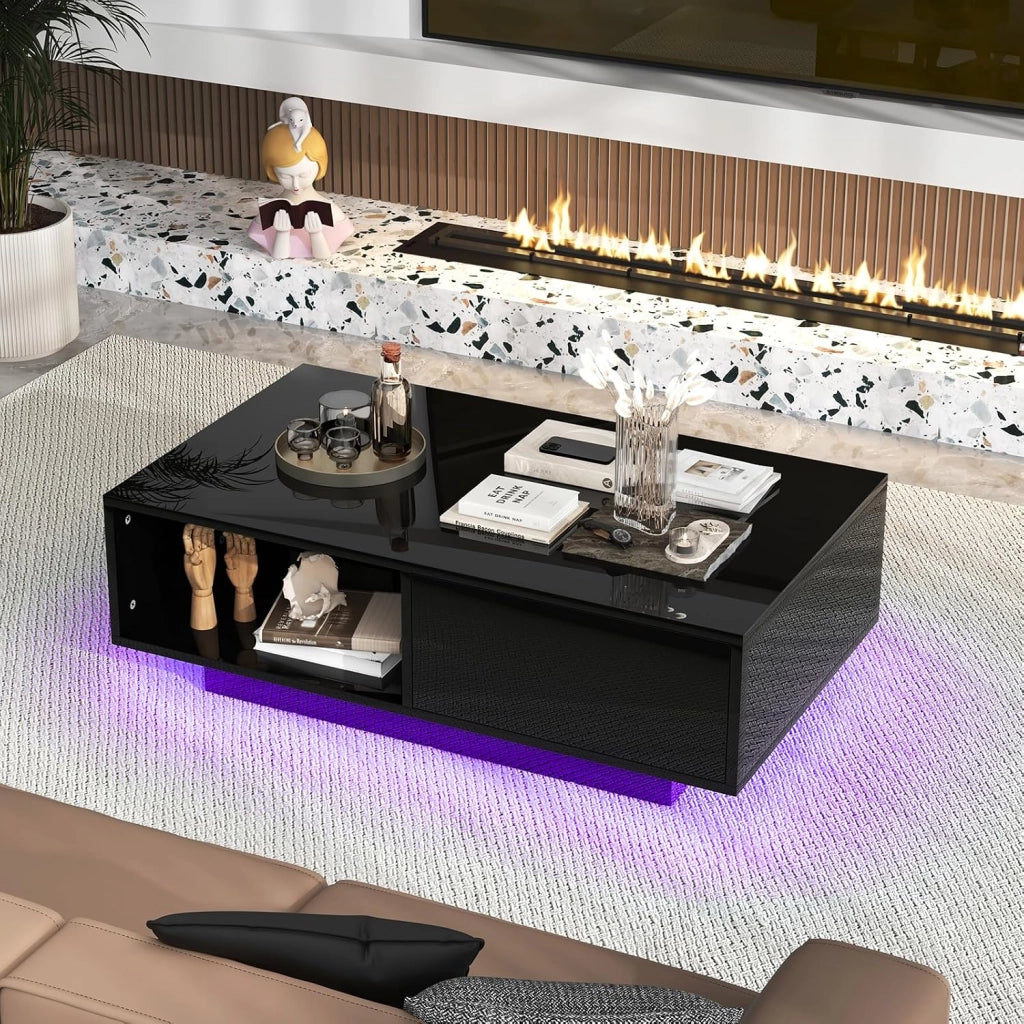 Tavolino da Salotto in Legno, Tavolino Moderno e Rettangolare con 20 Colori di Luci a LED, Telecomando, Cassetto e Ripiano Aperto, Tavolino per Studio e Ufficio (Nero)