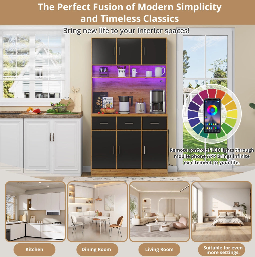 Buffet cucina 100x40x180 cm con LED; prese USB; cassetti e ripiani regolabili; naturale e nero