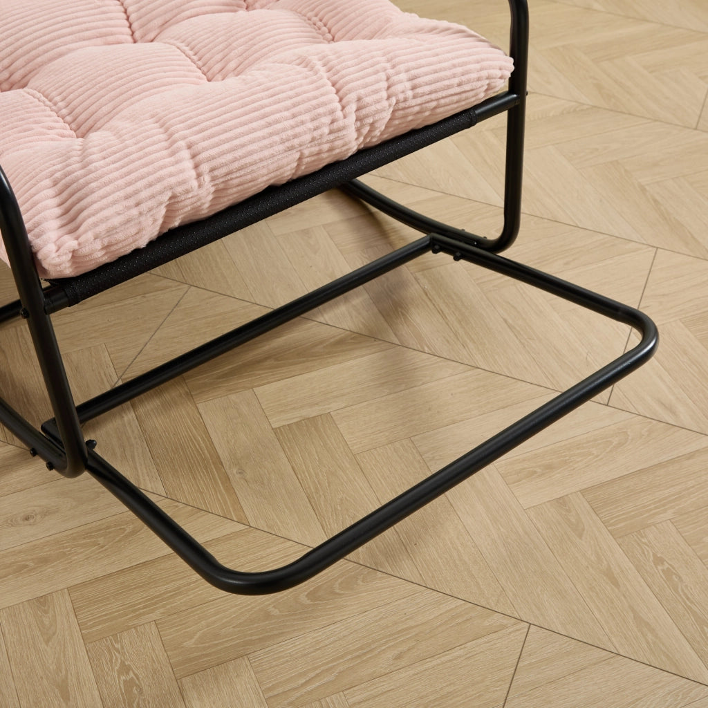 Sedia a dondolo da esterno con cuscino spesso; struttura in acciaio nero e seduta rosa 75x116x82 cm