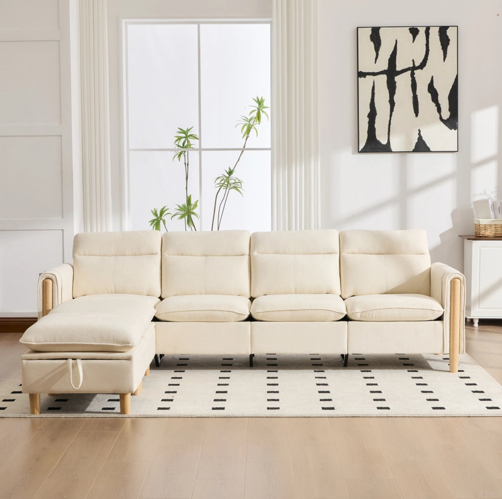 Divano modulare a U con 2 pouf contenitore; 261 cm; in chenille beige