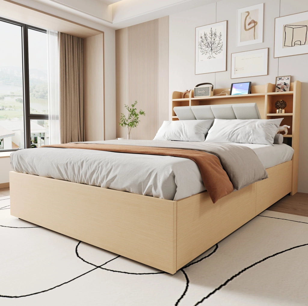 Letto 140x200 cm con contenitore idraulico e testiera con vani in MDF