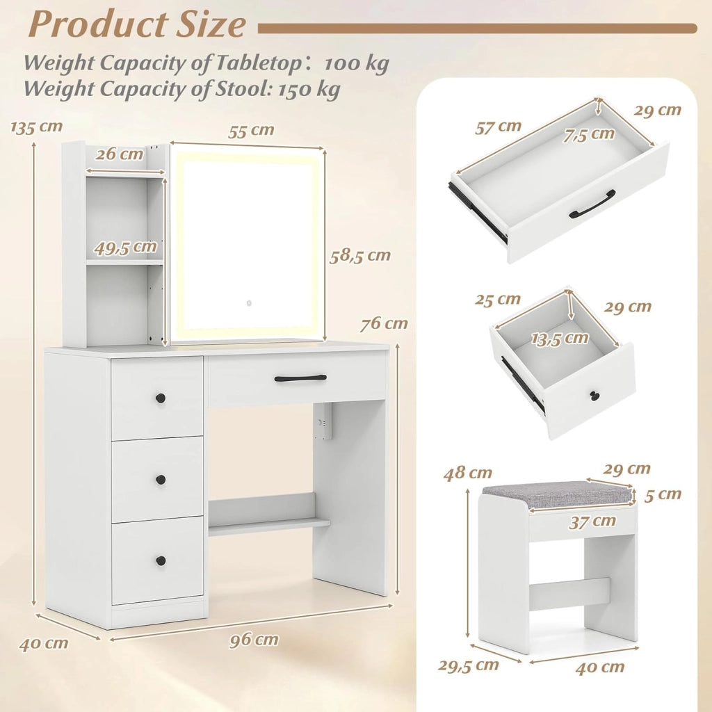 Tavolo da toeletta con illuminazione e specchio, tavolo da toeletta in legno con 4 cassetti e ripiano regolabile, tavolo da trucco con stazione di ricarica, tavolo cosmetico con sgabello per