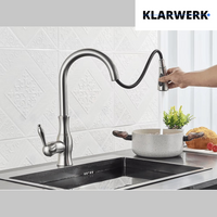 NAVIS | Elegante rubinetto cucina estraibile in acciaio inox argento, arco alto, miscelatore di lusso, alta pressione, 360°, 2 attacchi
