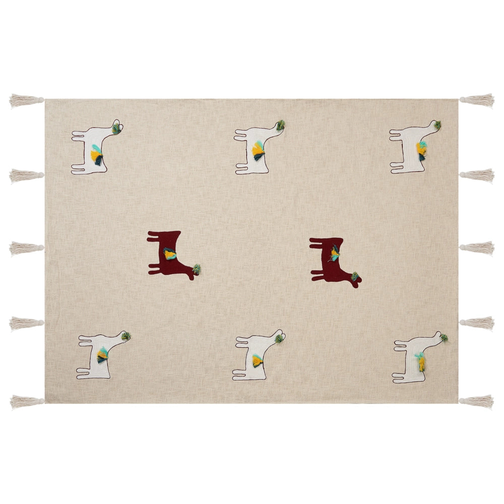 Coperta in cotone beige e marrone 130 x 180 cm copriletto in ricamo fatto a mano con motivo lama accogliente con nappe