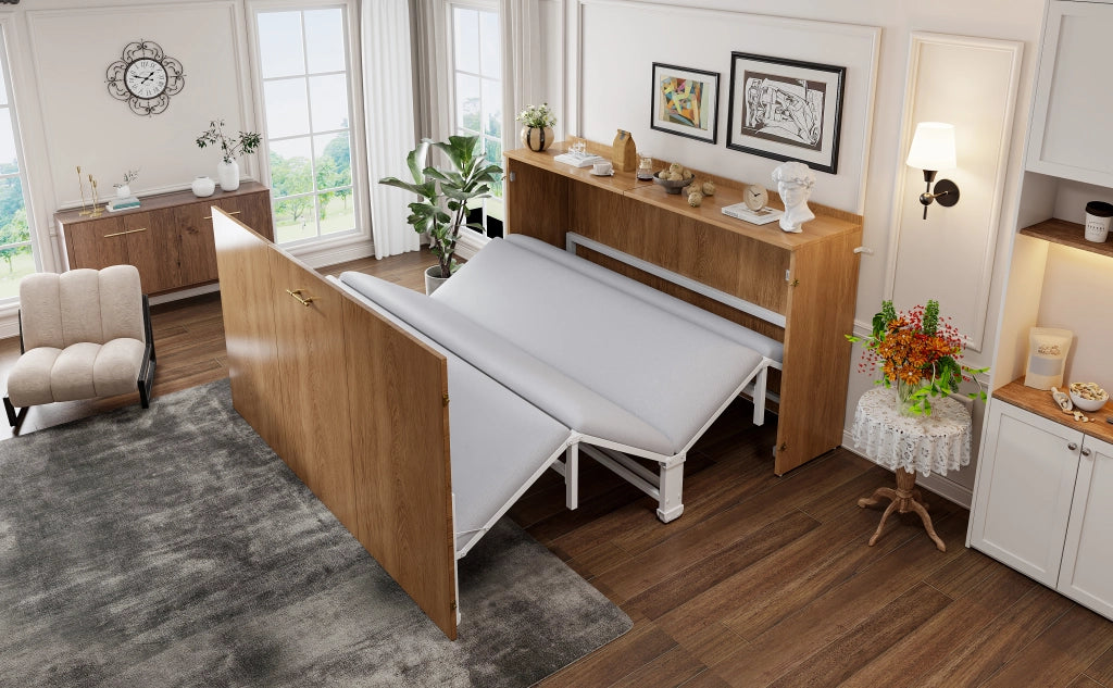 Letto a scomparsa 140 × 200 cm con materasso in lino, struttura in metallo e ruote silenziose, colore legno