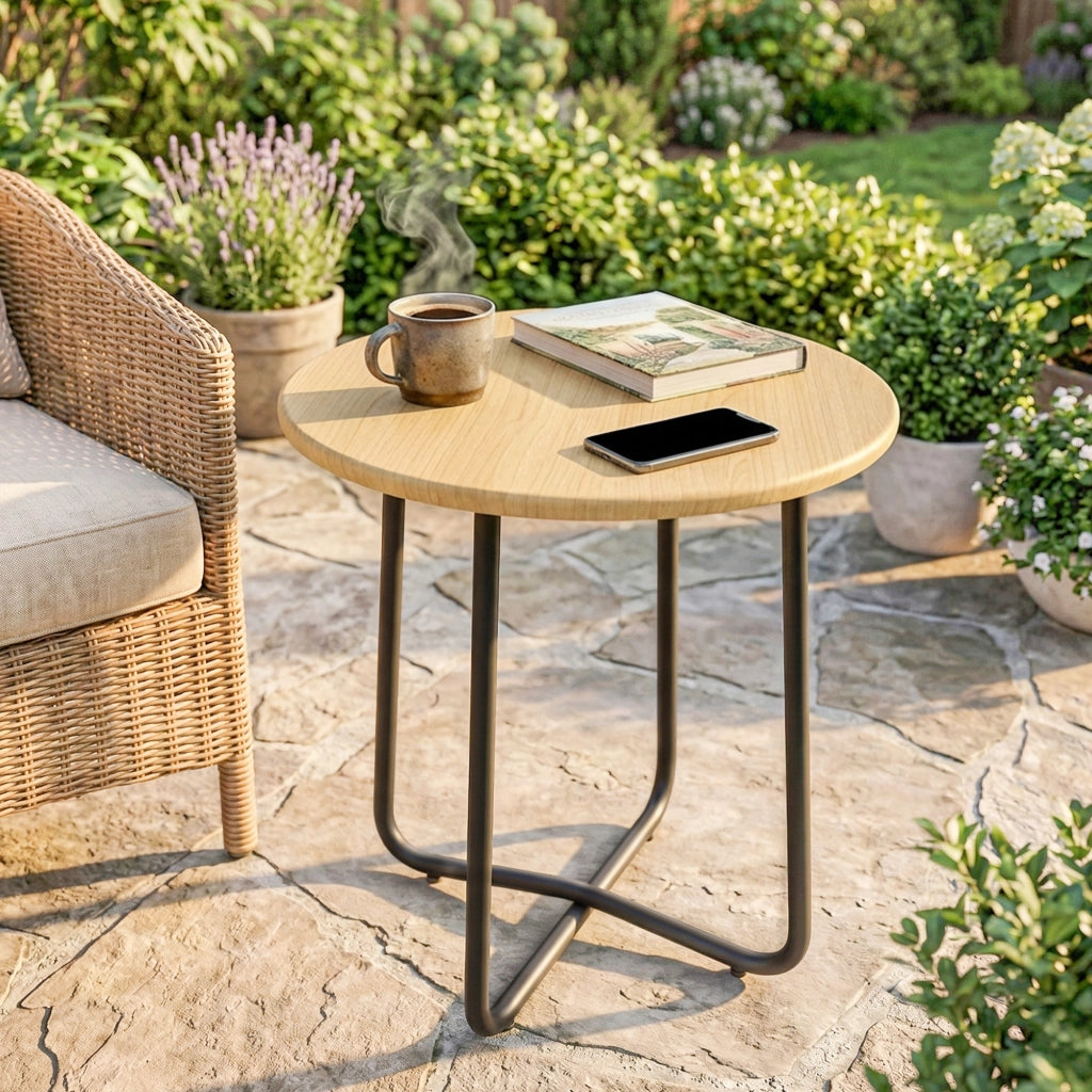 Tavolino da Giardino Rotondo in Metallo. per Balcone e Terrazzo. ?48x51 cm. Effetto Legno Naturale