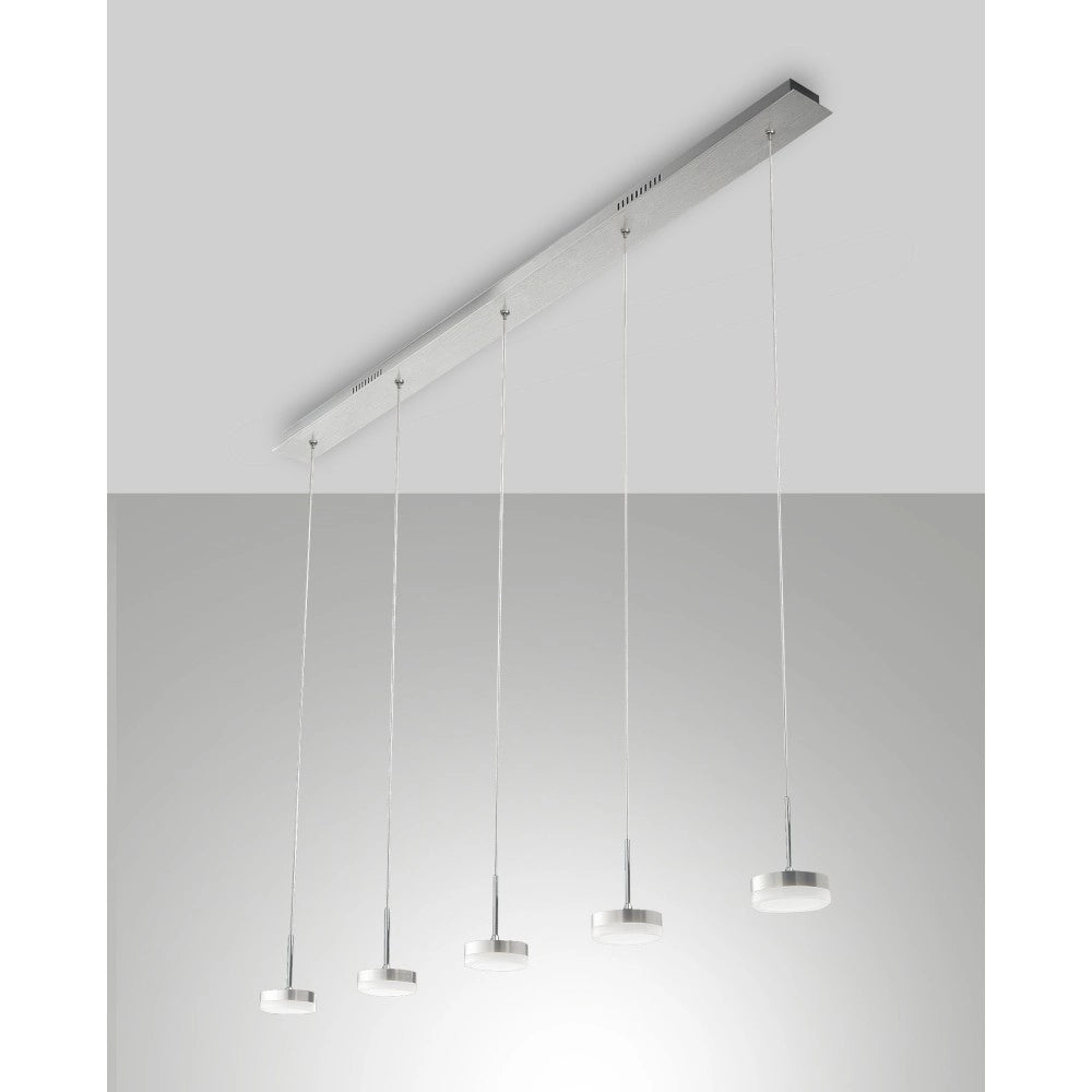 Lampada a sospensione Dunk 5 luci Fabas Luce - LED 40W dimmerabile - Alluminio Spazzolato Design lineare