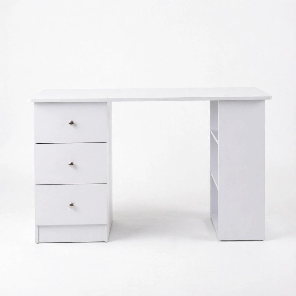 Scrivania lineare con 3 cassetti e 2 ripiani, piano ampio, per camera da letto e ufficio, bianco, 120 × 49 × 72 cm