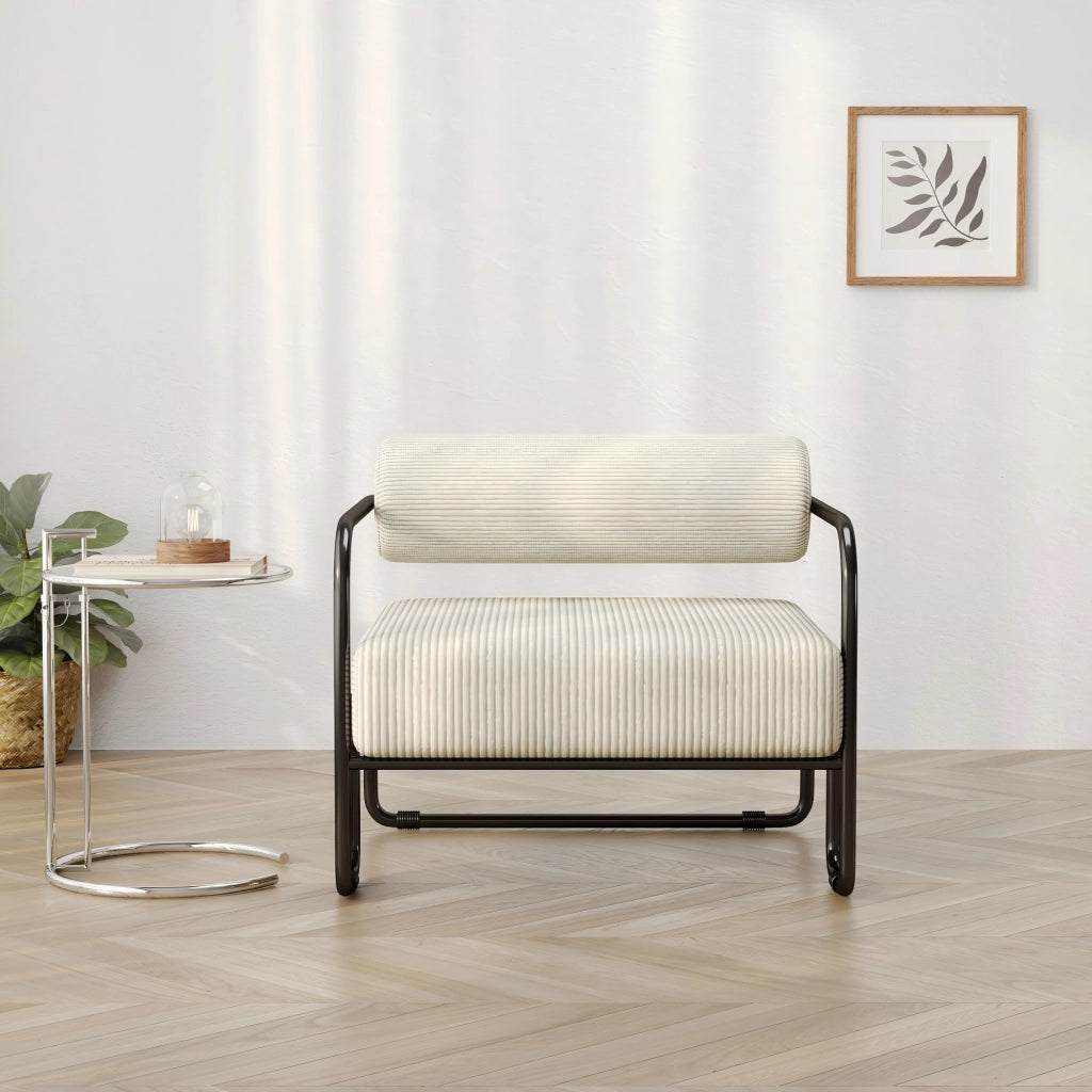Poltrona lounge con schienale cilindrico e struttura stabile per soggiorno in velluto a coste - beige