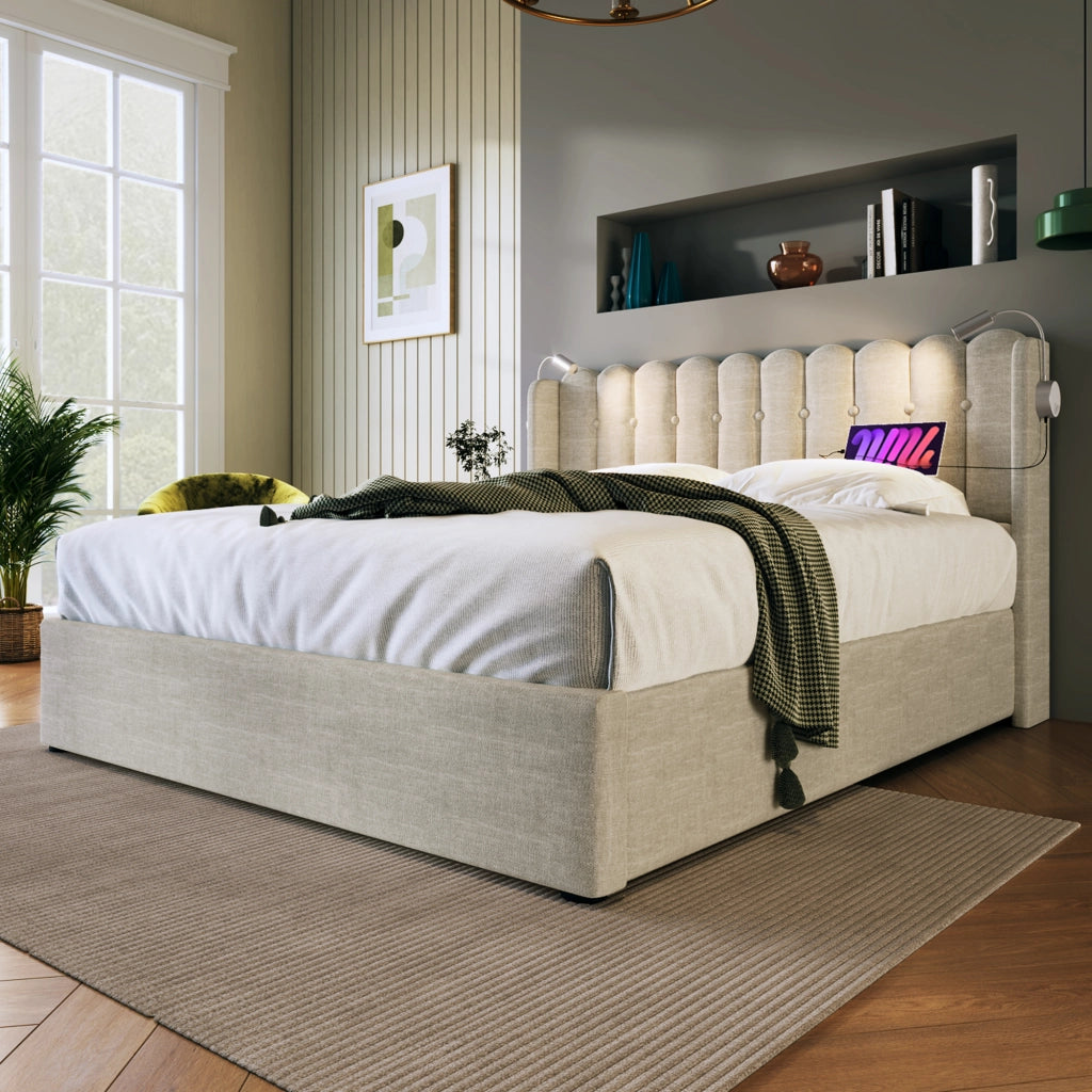 LETTO Contenitore 140x200 cm in lino naturale con luce lettura e USB