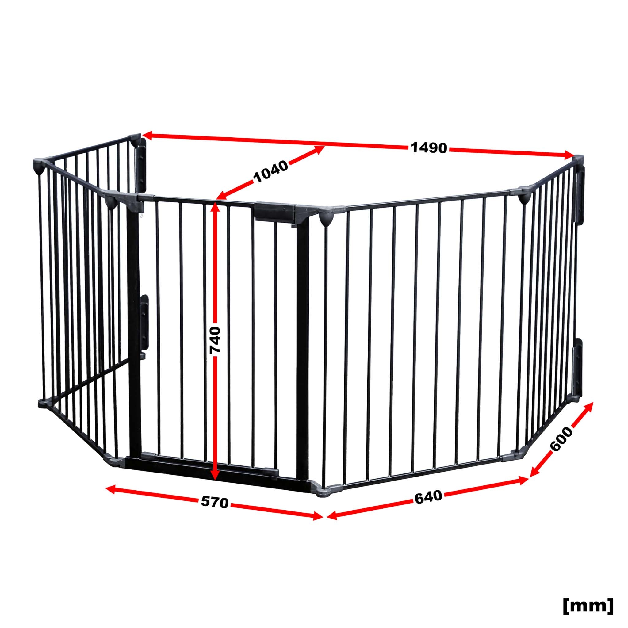 Cancelletto bambini per camino e stufa, nero, 5 elementi, 310 cm, montaggio a parete, Barriera per caminetto