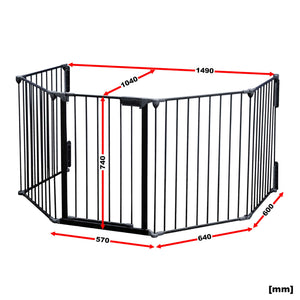Cancelletto bambini per camino e stufa, nero, 5 elementi, 310 cm, montaggio a parete, Barriera per caminetto