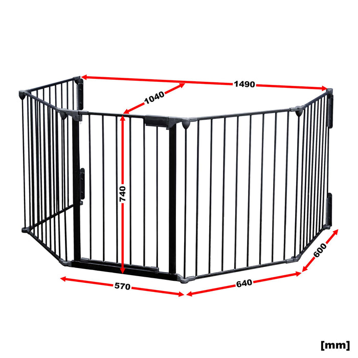 Cancelletto bambini per camino e stufa, nero, 5 elementi, 310 cm, montaggio a parete, Barriera per caminetto