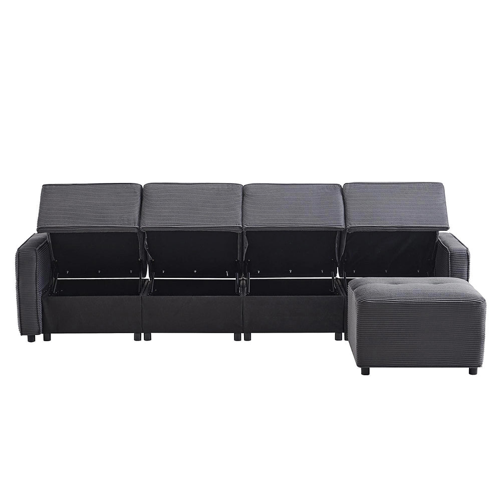 Divano 4 posti in velluto costato con pouf - Xylo - Grigio - 280x146x85 cm - Sedili con spazio di archiviazione