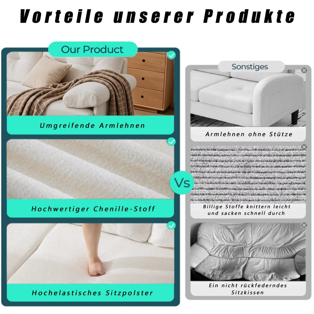 Divano ad angolo reversibile a 3 posti con braccioli imbottiti e cuscini in chenille e legno beige
