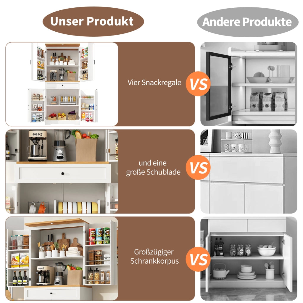 Credenza Alta da Cucina con Ripiani e Cassetti; Mobile Contenitore Multifunzionale per Cucina; in MDF; 80x40x180 cm; Bianco