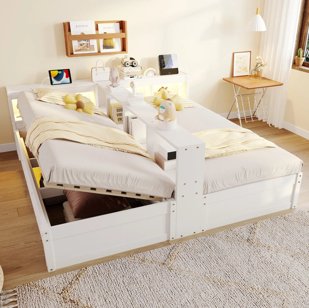 Letto modulare 90/180x200 cm con contenitore idraulico; LED e prese integrate; bianco