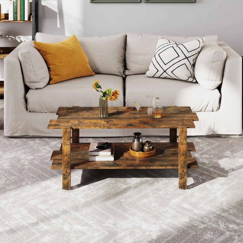 Tavolino da Caffè a 2 Ripiani, Tavolino Rettangolare da Salotto in Legno con Mensola di Stoccaggio, Ideale per Ufficio e Soggiorno, 115 x 59 x 46 cm (Marrone)