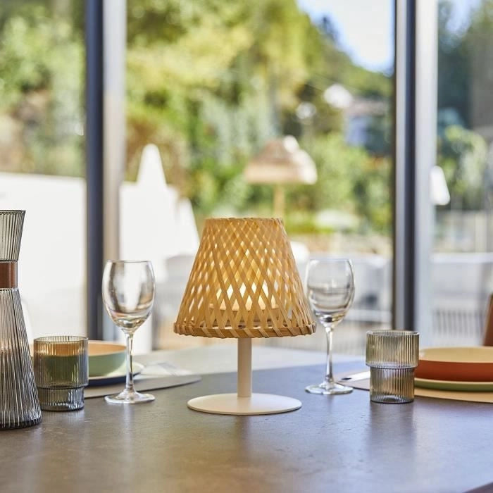 Lampada da tavolo senza fili - LUMISKY - IBIZA - H26 cm - Bambù naturale - Bianco caldo e LED bianco