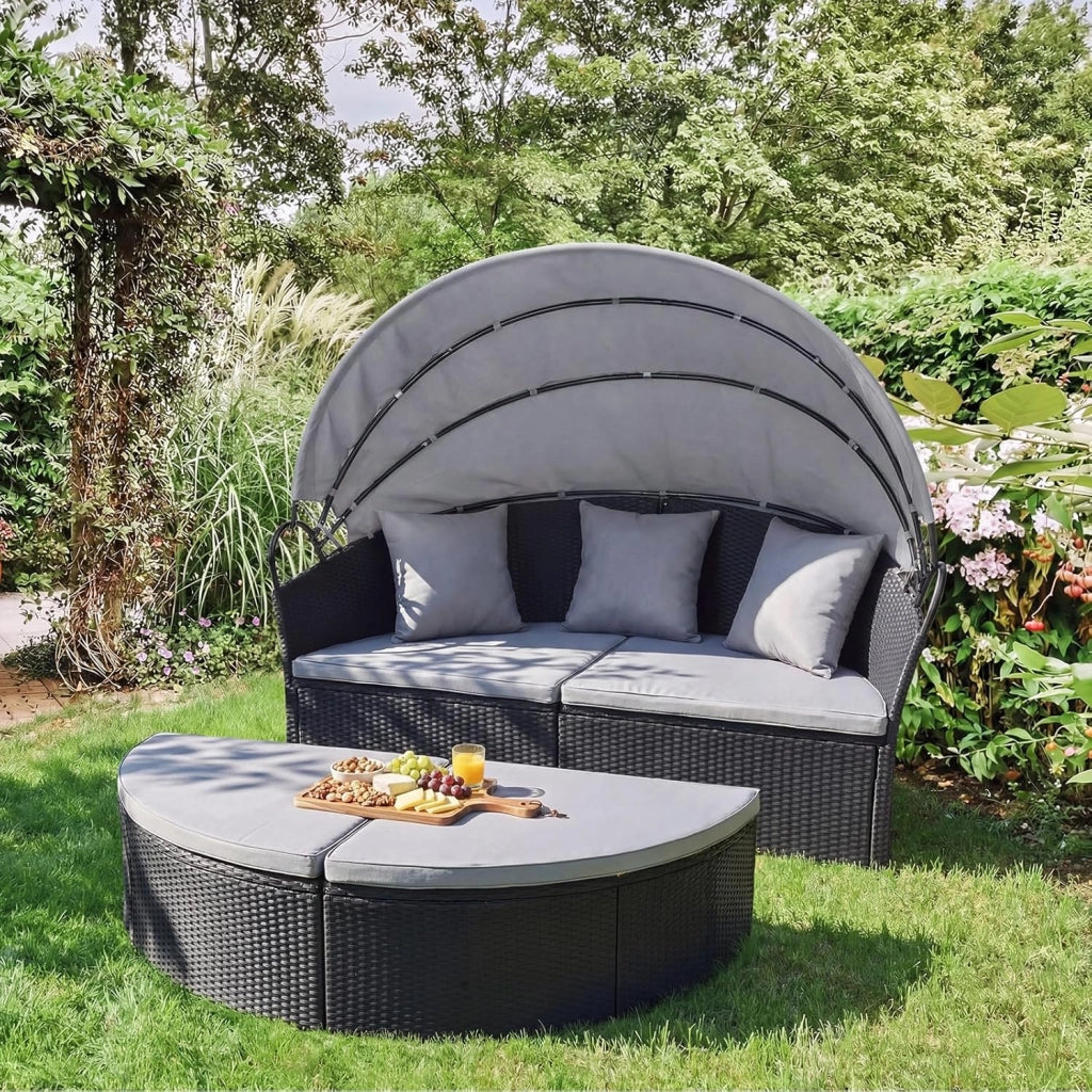 2 in 1 Isola Prendisole da Giardino per 2 Persone, Lettino Prendisole in Rattan con Tettuccio Retrattile, Divanetto Letto da Esterno con Cuscini per Terrazzo Balcone, 187x180x157 cm (Grigio)