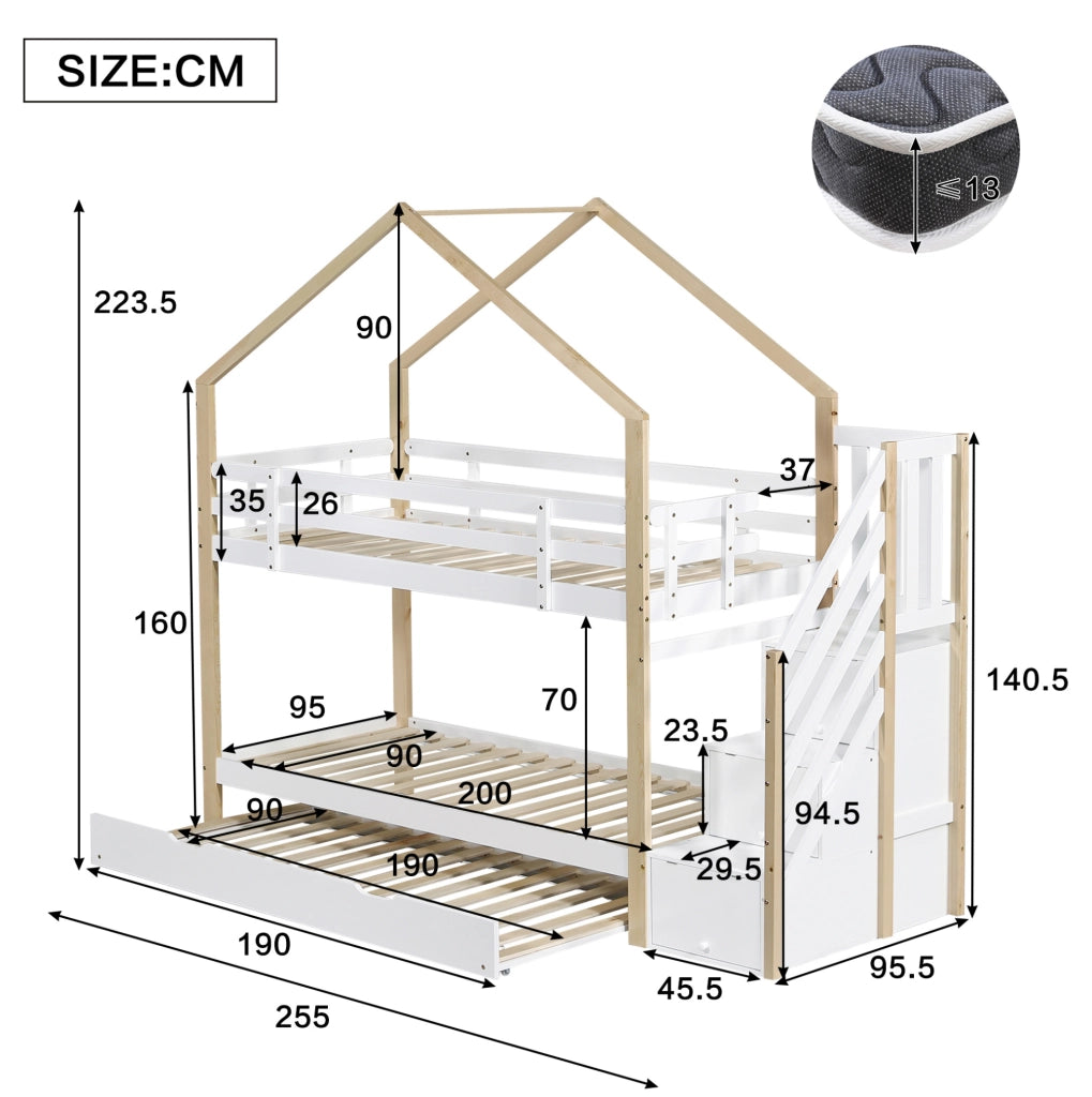 Letto a castello estraibile in legno naturale e bianco con scala e 4 cassetti, 90x200 cm e 90x190 cm