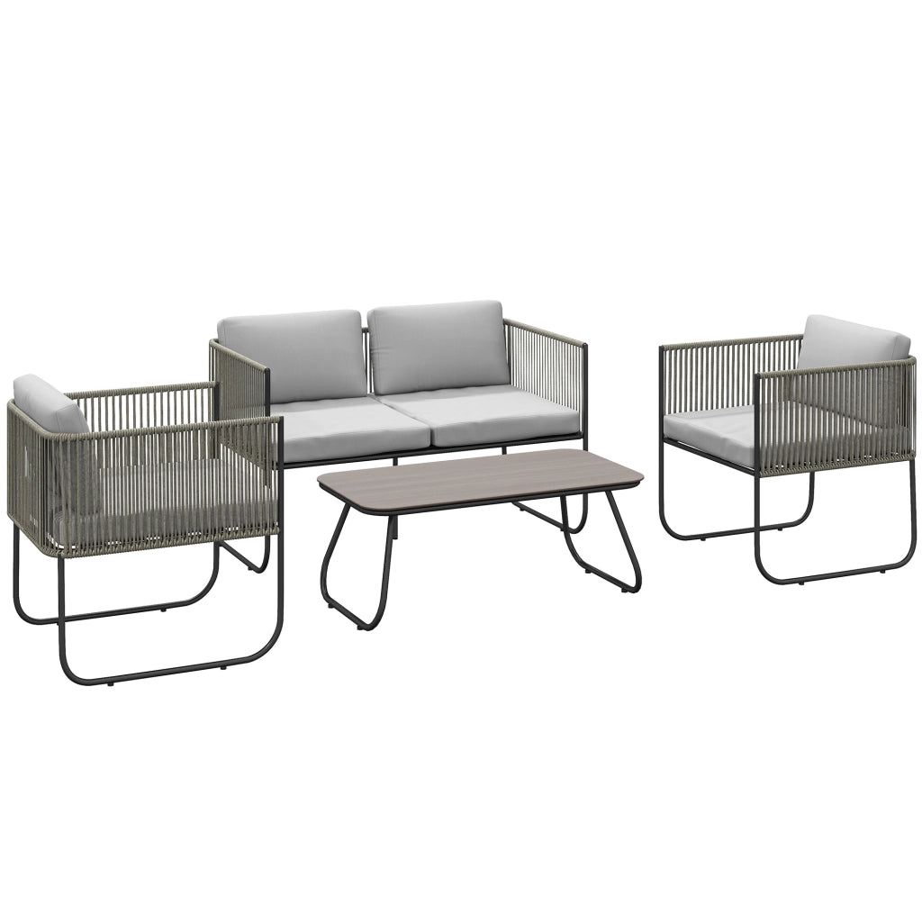 Set da Giardino con Divanetto 2 Poltrone e Tavolino in Vetro in Rattan Grigio