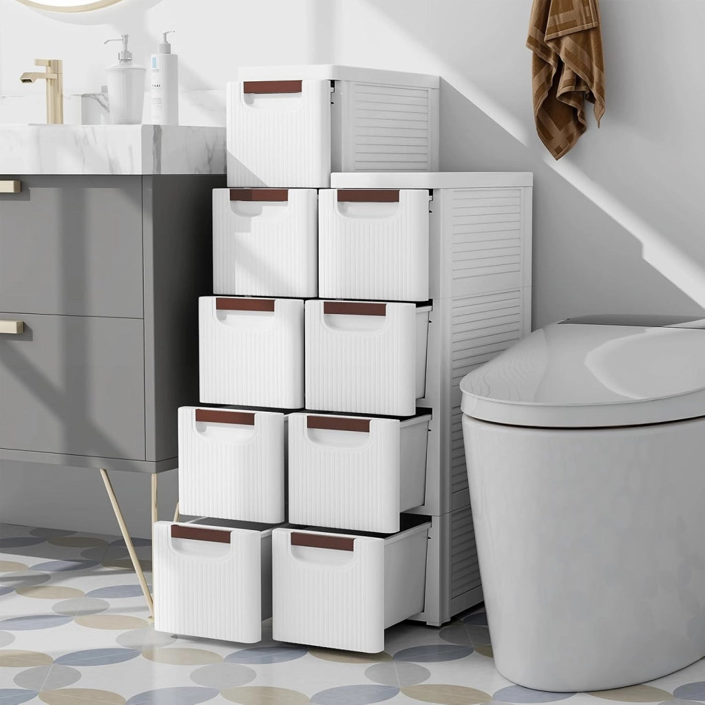 Mobile Bagno con 4 Cassetti, Mobiletto Bagno Salvaspazio con Ruote, Cassettiera in PP per Soggiorno, Bagno e Cucina, 42 x 19 x 74 cm