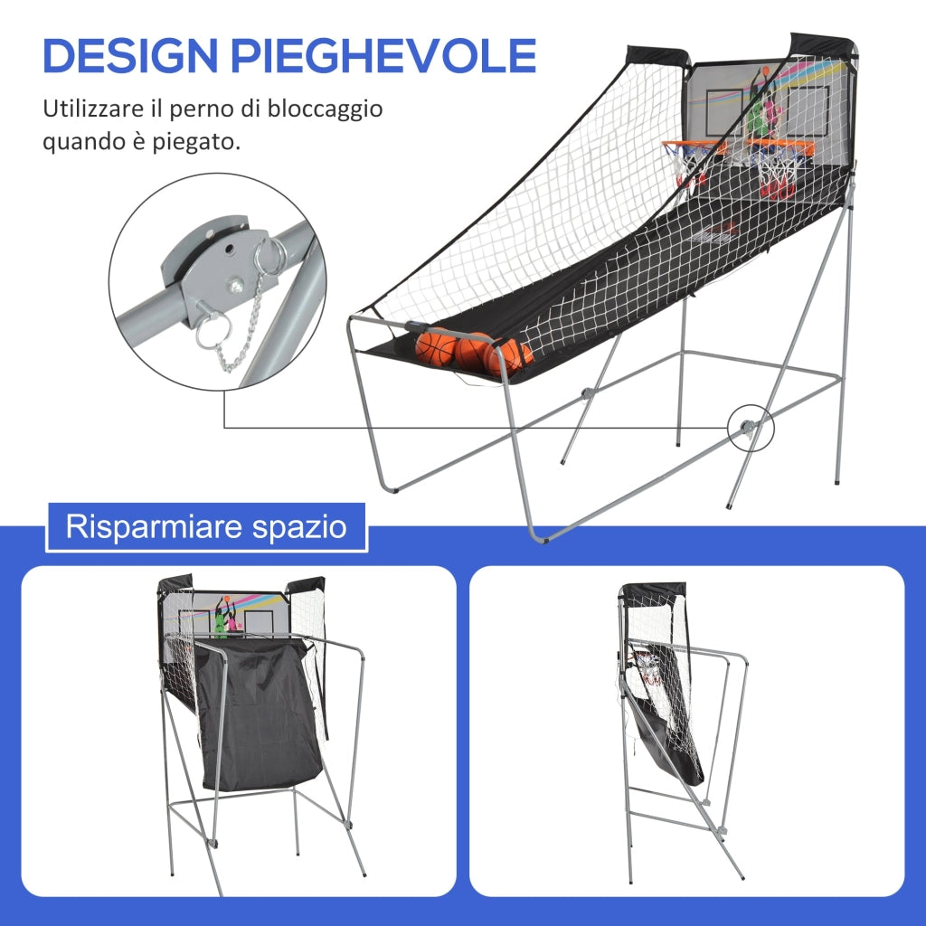 Canestri Basket con Tabellone LED 205x110x205 cm 4 Palloni e 8 Modalità di Gioco Bianco e Nero