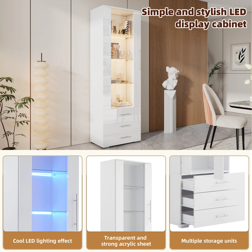 Vetrina con LED da app, 1 anta e 3 cassetti, fronte lucido, per soggiorno, in MDF, bianco, 60 × 35 × 180 cm