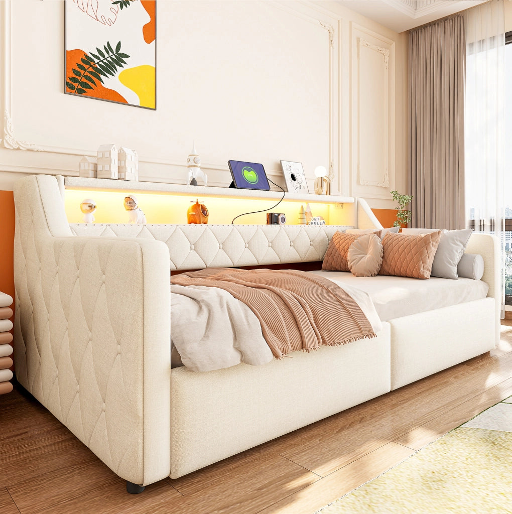 Letto singolo 90x200 cm beige con vano idraulico, LED, USB e USB-C
