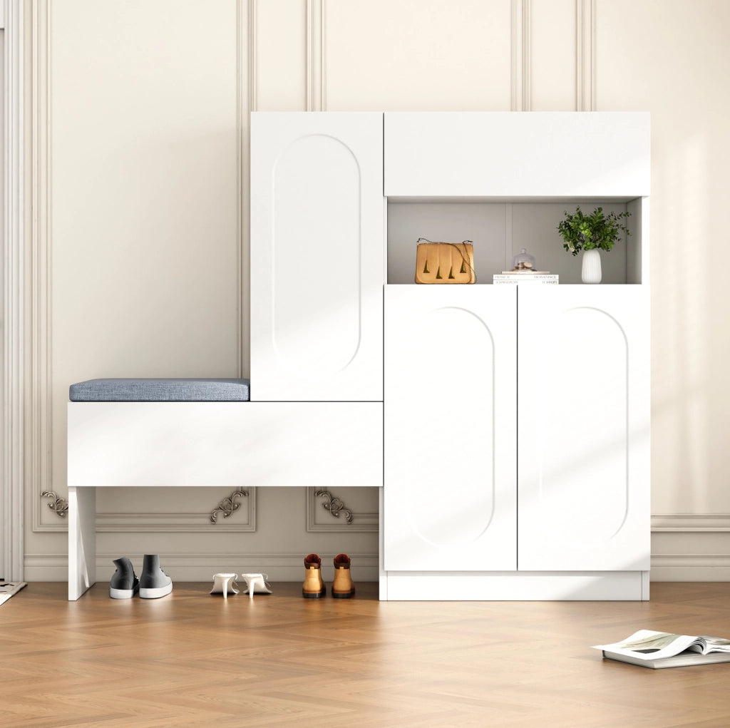 Scarpiera con panca 2 in 1 con ante curve; 130x35x110 cm; bianco; in truciolare