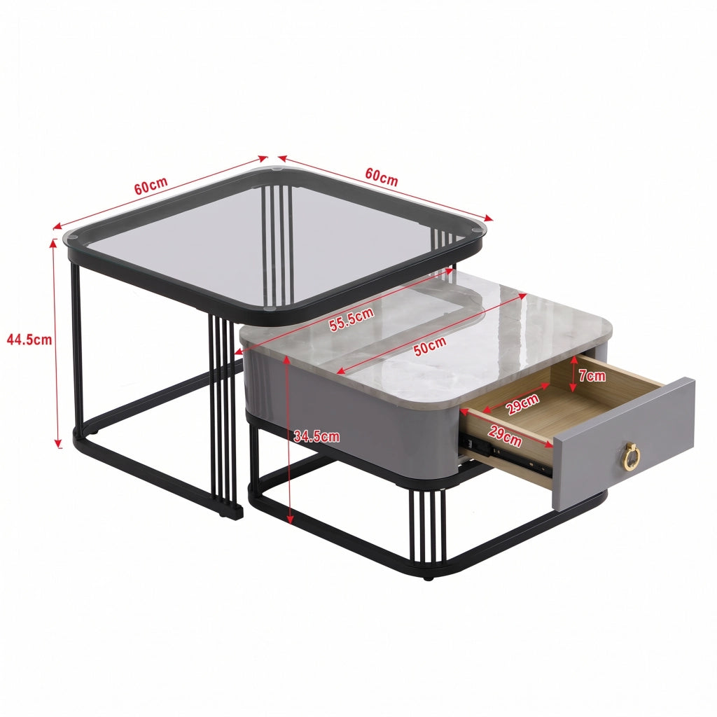 Tavolini da salotto 60x60x44.5 cm e 50x50x34.5 cm; design modulare con cassetti; MDF; nero
