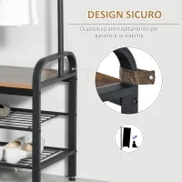 Appendiabiti da Terra in Stile Industriale con Scarpiera, 3 Ripiani e 8 Ganci, Legno MDF e Metallo, 72x34x185cm, Nero e Legno