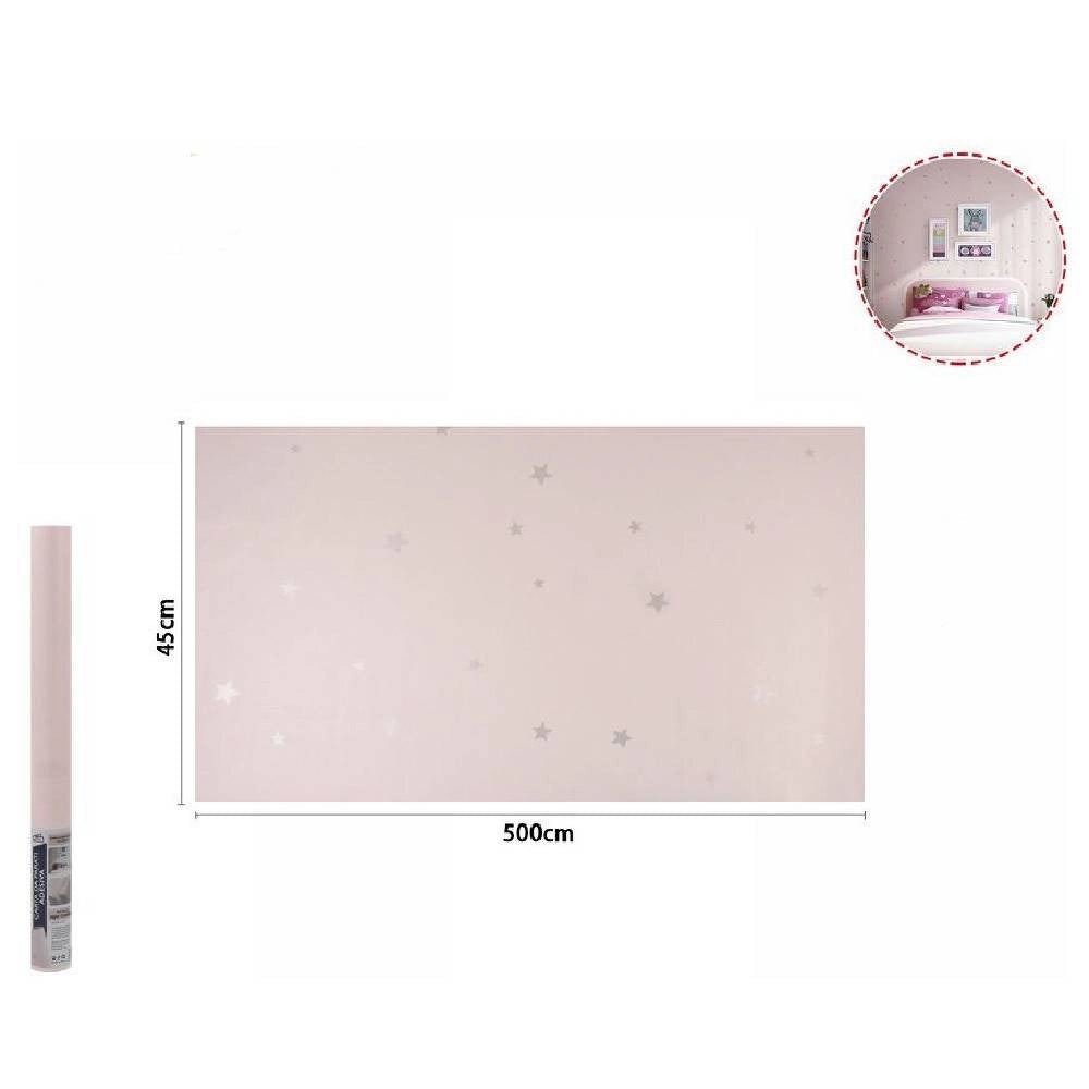 Trade Shop - Rotolo Pellicola Adesiva Rosa Con Stelle 45cm X 5mt Mobili Carta Da Parati 71128 -