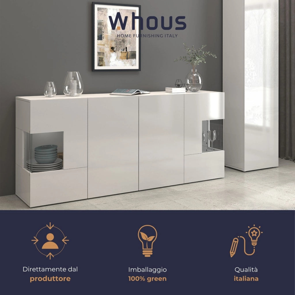 WHOUS Credenza Egypt a 4 ante con inserti in vetro espositivi bianco lucido 180x40x80 cm