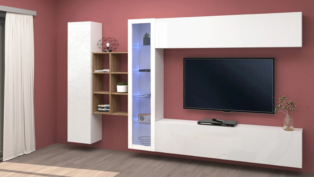 Parete attrezzata sospesa bianca mobile TV libreria vetrina Loane WH