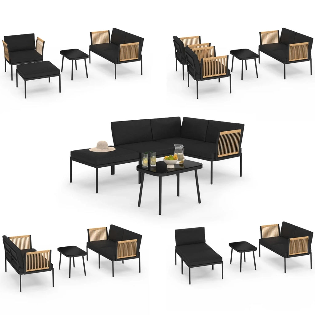 IDMarket - Set di mobili da giardino modulari bassi RIO 4 posti struttura in metallo nero, cordame effetto rattan chiaro con cuscini neri