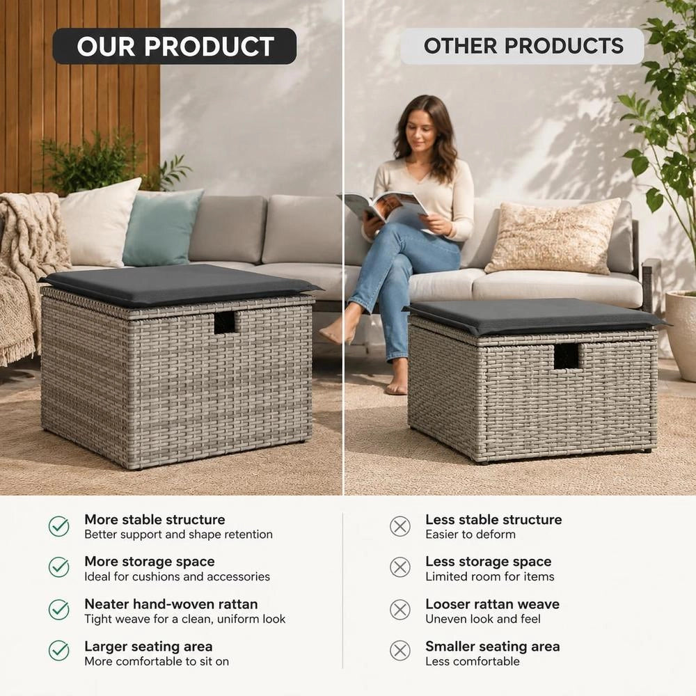 Garden Stool With Cushion, Grey, 55x55x37 Cm, Poly Rattan