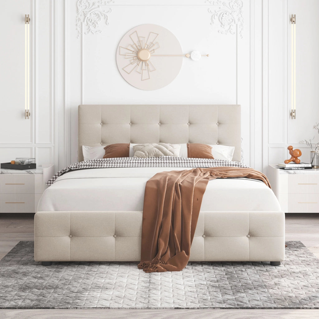 Letto con Cassetti 140x200 cm; Letto Matrimoniale; 4 Cassetti in Velluto Beige