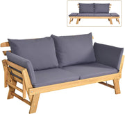 Divano Esterno a 2 Posti, in Legno di Acacia, Lettino Giardino con Braccioli Regolabili, Sdraio da Giardino con Cuscini, Chaise Longue per Giardino, Piscina, Cortile (Grigio)